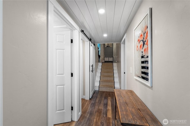 4121 54th Street Ct NW, Gig Harbor, WA 98335 - hallway with a barn door, recessed lighting, wood finished floors, and stairs