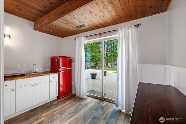 4121 54th Street Ct NW, Gig Harbor, WA 98335 - kitchen featuring wood ceiling, dark wood-style floors, white cabinets, refrigerator, and wood counters