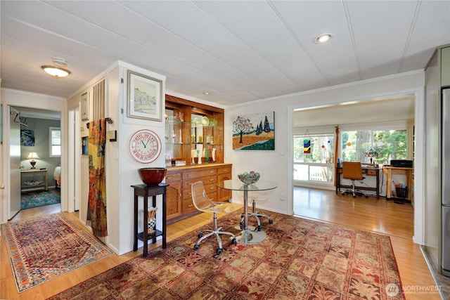 16300 NE State Highway 305 Unit 18, Poulsbo, WA 98370 - corridor with a desk, wood finished floors, ornamental molding, and recessed lighting