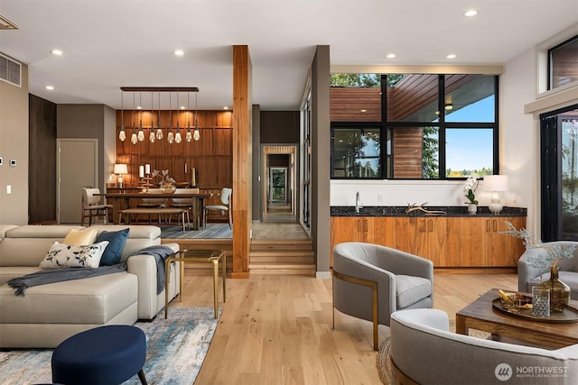 3840 E Mercer Way, Mercer Island, WA 98040 - living room with light wood-style flooring, recessed lighting, and wet bar