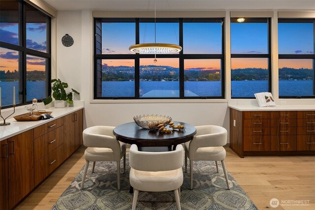 3840 E Mercer Way, Mercer Island, WA 98040 - dining area featuring light wood-style flooring and a water view