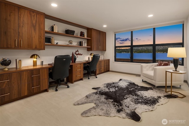 3840 E Mercer Way, Mercer Island, WA 98040 - office space with light carpet, recessed lighting, built in study area, and a water view