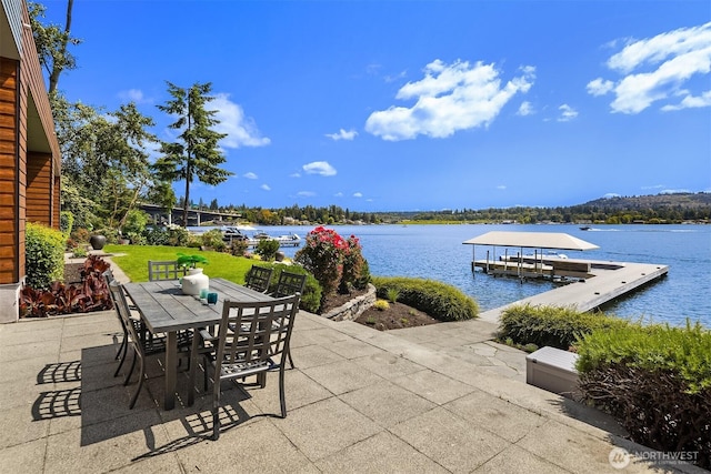 3840 E Mercer Way, Mercer Island, WA 98040 - view of patio / terrace featuring a dock, a water view, and outdoor dining space