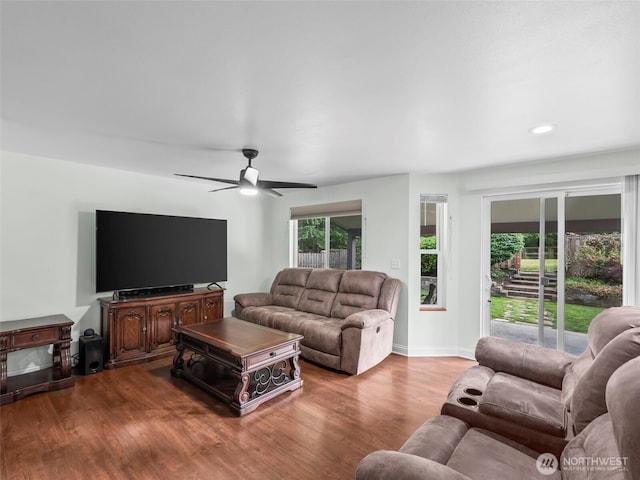 101 E Carols Pl, Belfair, WA 98528 - living area with wood finished floors, a ceiling fan, and recessed lighting
