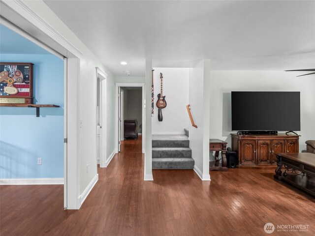 101 E Carols Pl, Belfair, WA 98528 - living room featuring wood finished floors, stairway, recessed lighting, and ceiling fan