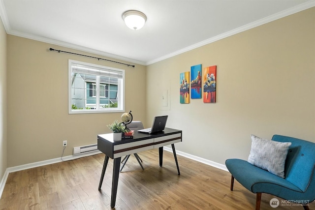 9414 Hancock Ave SE, Snoqualmie, WA 98065 - office space with crown molding, wood finished floors, and a baseboard radiator