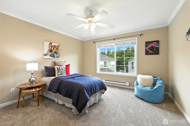 9414 Hancock Ave SE, Snoqualmie, WA 98065 - carpeted bedroom featuring a baseboard heating unit, crown molding, and ceiling fan