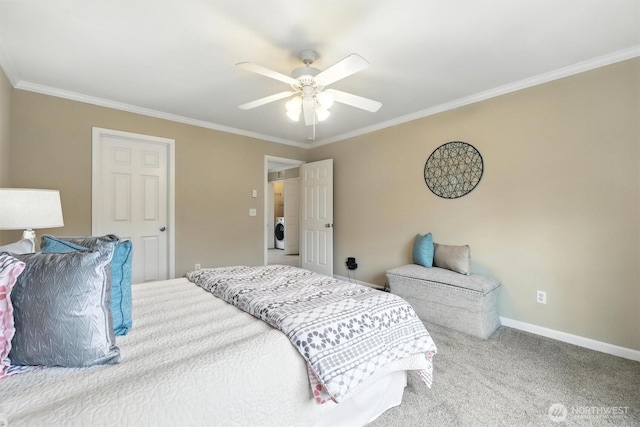 9414 Hancock Ave SE, Snoqualmie, WA 98065 - carpeted bedroom with washer / clothes dryer, crown molding, and ceiling fan