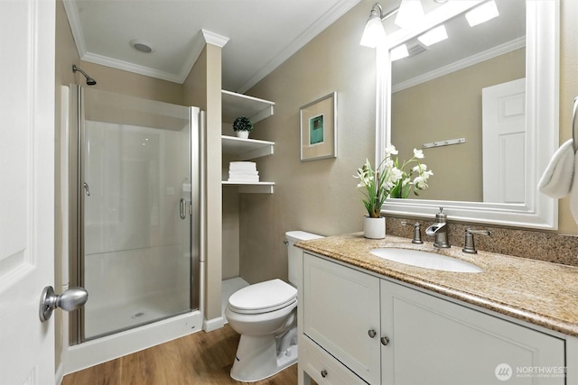 9414 Hancock Ave SE, Snoqualmie, WA 98065 - bathroom featuring crown molding, vanity, a shower stall, and wood finished floors
