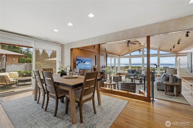 18035 8th Ave NW, Shoreline, WA 98177 - dining room featuring a ceiling fan, wood finished floors, recessed lighting, and wooden ceiling
