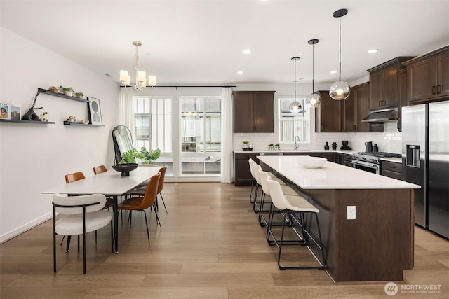 21822 25th Ave SE Unit B, Bothell, WA 98021 - kitchen featuring stainless steel appliances, under cabinet range hood, dark brown cabinetry, plenty of natural light, and recessed lighting