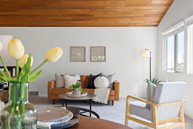 606 N State St, Bellingham, WA 98225 - living area featuring carpet flooring, wood ceiling, and vaulted ceiling