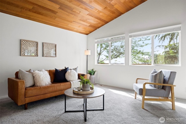 606 N State St, Bellingham, WA 98225 - living room featuring vaulted ceiling, wooden ceiling, plenty of natural light, and carpet flooring