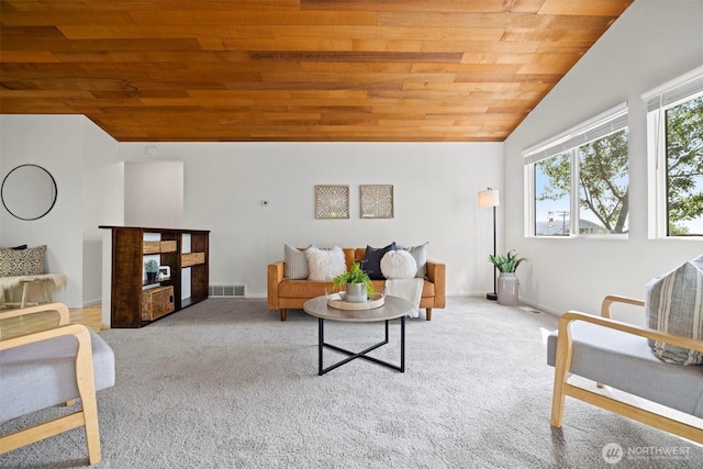 606 N State St, Bellingham, WA 98225 - living room with wooden ceiling, lofted ceiling, and carpet floors