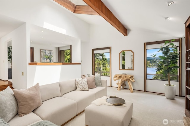 5665 E Mercer Way, Mercer Island, WA 98040 - living room featuring light colored carpet and lofted ceiling