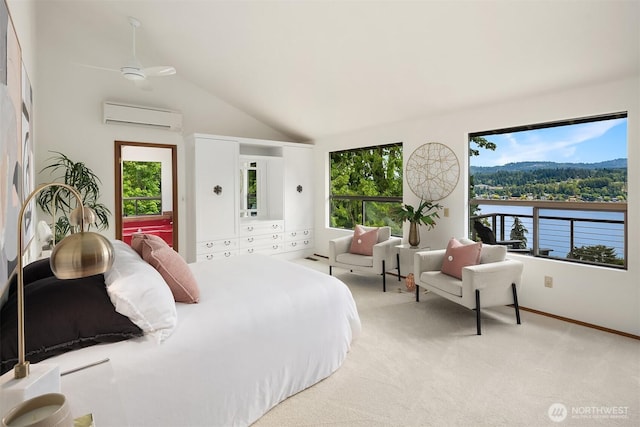 5665 E Mercer Way, Mercer Island, WA 98040 - bedroom with a wall unit AC, multiple windows, vaulted ceiling, and light carpet