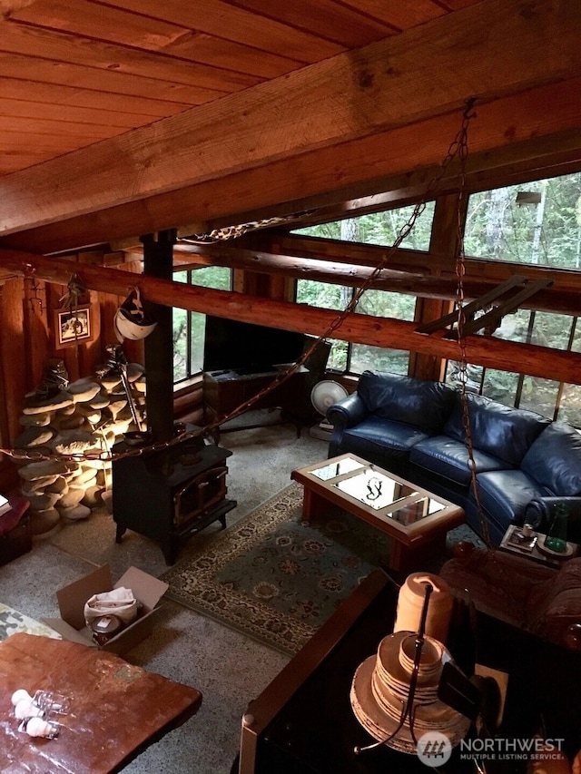 118 Pyramid Pl, Ashford, WA 98304 - living area with a wood stove and wooden ceiling