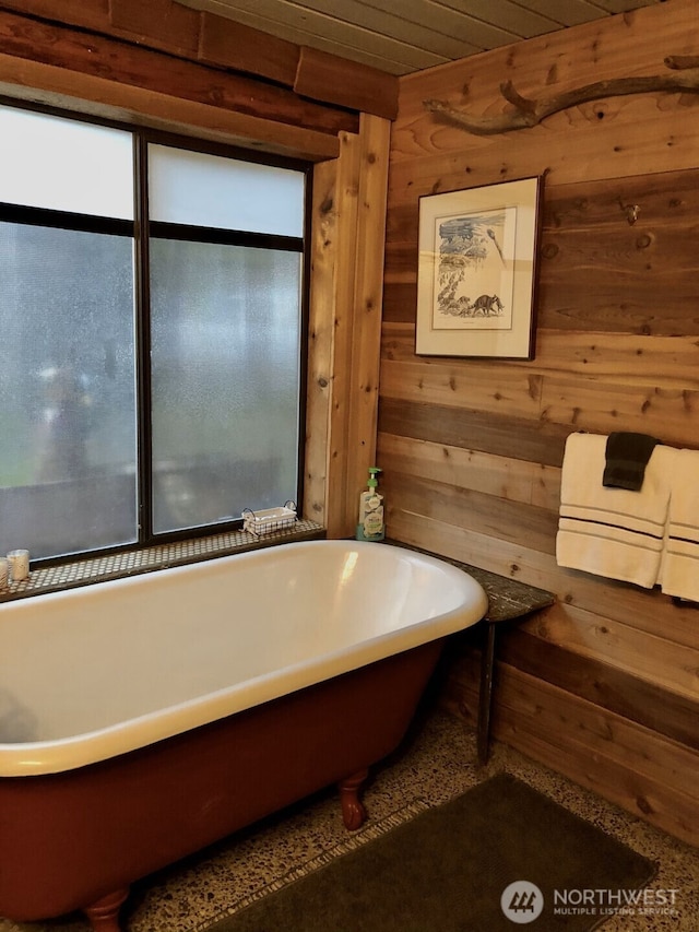 118 Pyramid Pl, Ashford, WA 98304 - bathroom featuring wood walls and a freestanding tub