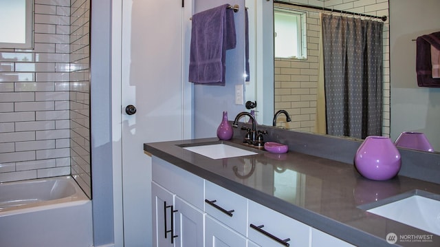 220 Colman Dr, Port Townsend, WA 98368 - full bath with double vanity and shower / bath combination with curtain