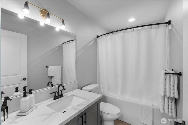 477 Ocean Shores Blvd SW, Ocean Shores, WA 98569 - bathroom featuring vanity, shower / bath combination with curtain, and recessed lighting