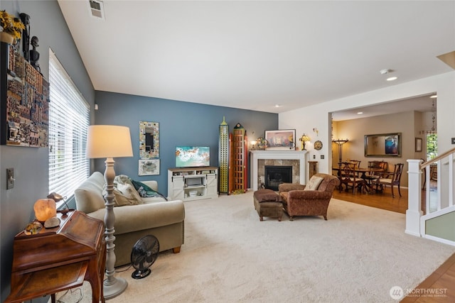 26707 NE 144th Ct, Duvall, WA 98019 - living area featuring a fireplace, carpet, wood finished floors, and recessed lighting