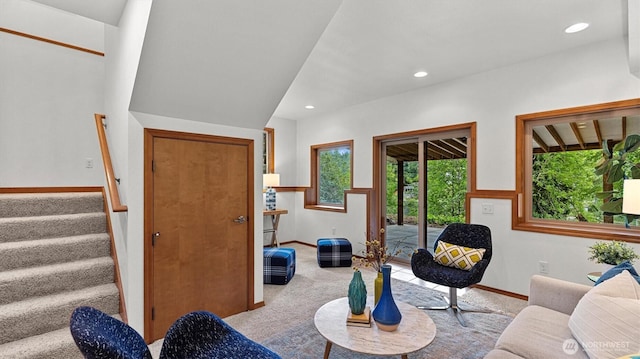 4120 Lake House Ln SE, Olympia, WA 98513 - living room featuring stairway, carpet flooring, and recessed lighting