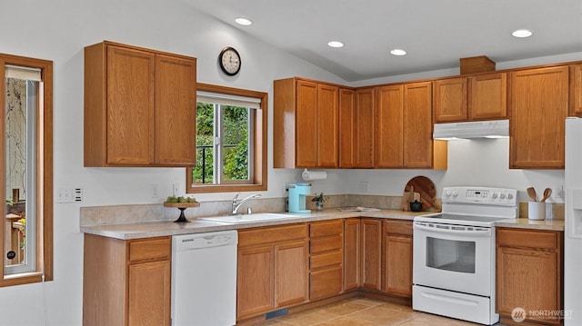 4120 Lake House Ln SE, Olympia, WA 98513 - kitchen featuring white appliances, under cabinet range hood, light countertops, recessed lighting, and light tile patterned floors