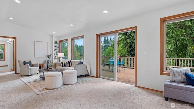 4120 Lake House Ln SE, Olympia, WA 98513 - carpeted living room featuring recessed lighting and lofted ceiling