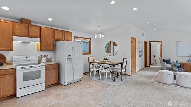 4120 Lake House Ln SE, Olympia, WA 98513 - kitchen with white appliances, under cabinet range hood, a chandelier, recessed lighting, and brown cabinets