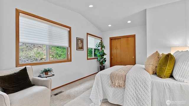 4120 Lake House Ln SE, Olympia, WA 98513 - carpeted bedroom featuring vaulted ceiling, recessed lighting, and a closet