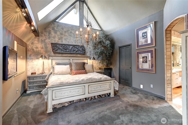 1504 E Lakeshore Dr, Lake Stevens, WA 98258 - bedroom with carpet flooring, a chandelier, and high vaulted ceiling