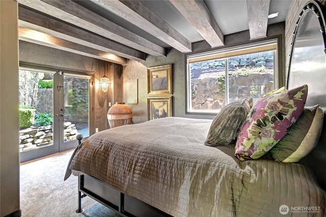 1504 E Lakeshore Dr, Lake Stevens, WA 98258 - bedroom featuring french doors, beamed ceiling, access to exterior, and carpet