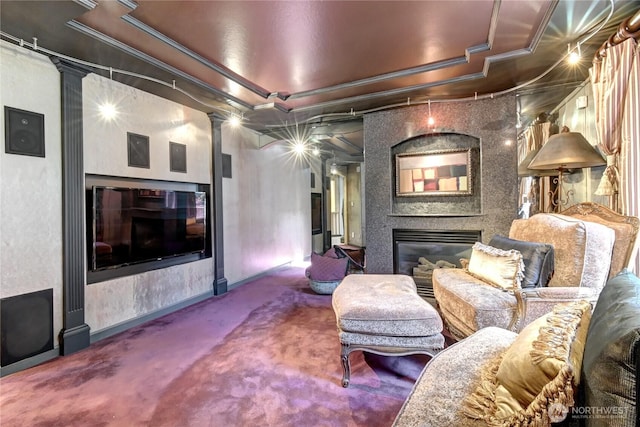 1504 E Lakeshore Dr, Lake Stevens, WA 98258 - living room with carpet floors, a fireplace, ornamental molding, and decorative columns