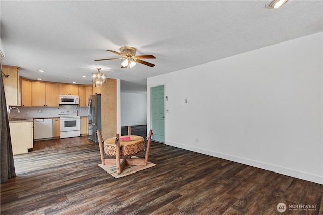 1538 Orchid Ct, Longview, WA 98632 - kitchen with white appliances, ceiling fan, light brown cabinetry, dark wood-type flooring, and recessed lighting