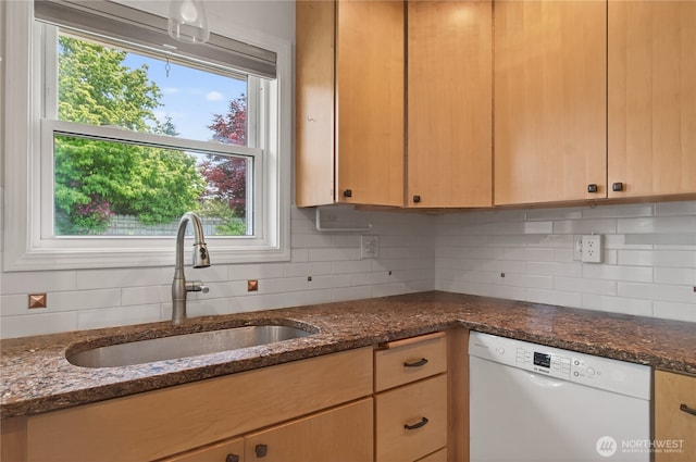 1538 Orchid Ct, Longview, WA 98632 - kitchen featuring dishwasher, decorative backsplash, dark stone countertops, and light brown cabinets