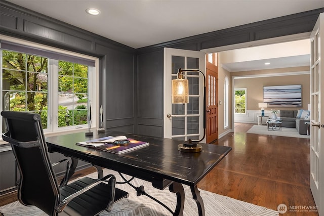 2778 142nd Pl NE, Bellevue, WA 98007 - office space with a decorative wall, ornamental molding, wood finished floors, and recessed lighting