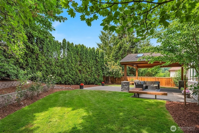 2778 142nd Pl NE, Bellevue, WA 98007 - fenced backyard with an outdoor living space, a gazebo, and a patio area