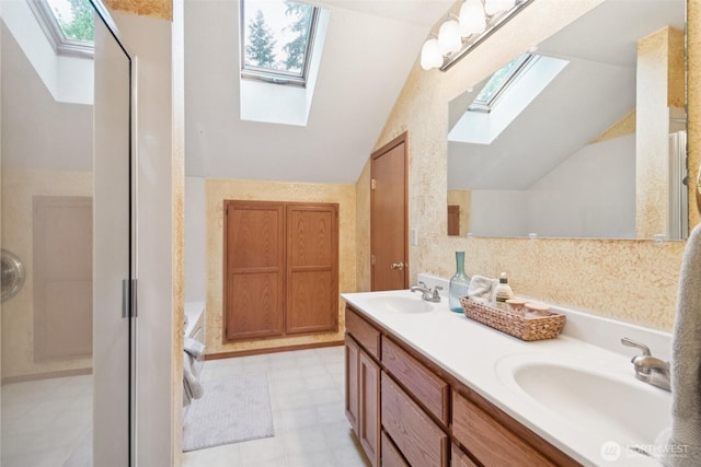 24230 218th Ave SE, Maple Valley, WA 98038 - bathroom featuring a skylight, vaulted ceiling, a stall shower, double vanity, and tile patterned floors