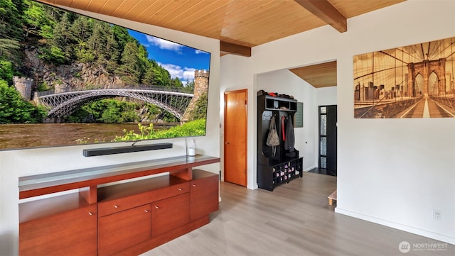 501 143rd St S, Tacoma, WA 98444 - interior space with light wood-style floors and a wood ceiling with exposed beams