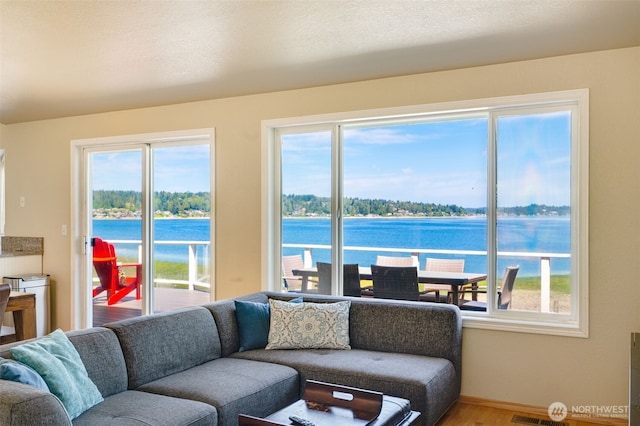 9340 SE Cornell Rd, Port Orchard, WA 98366 - living area with a water view and wood finished floors