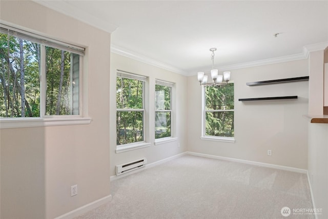 33020 10th Ave SW Unit E204, Federal Way, WA 98023 - empty room with a baseboard radiator, a chandelier, plenty of natural light, carpet flooring, and ornamental molding