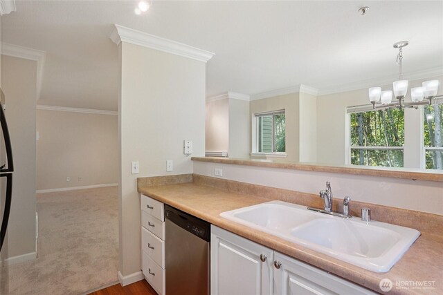 33020 10th Ave SW Unit E204, Federal Way, WA 98023 - kitchen featuring dishwasher, light countertops, white cabinets, crown molding, and hanging light fixtures