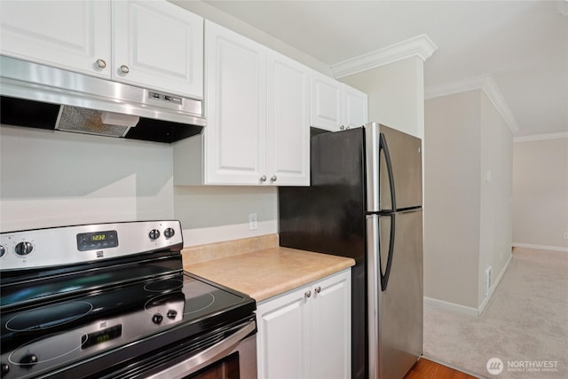 33020 10th Ave SW Unit E204, Federal Way, WA 98023 - kitchen with appliances with stainless steel finishes, under cabinet range hood, ornamental molding, white cabinets, and light countertops