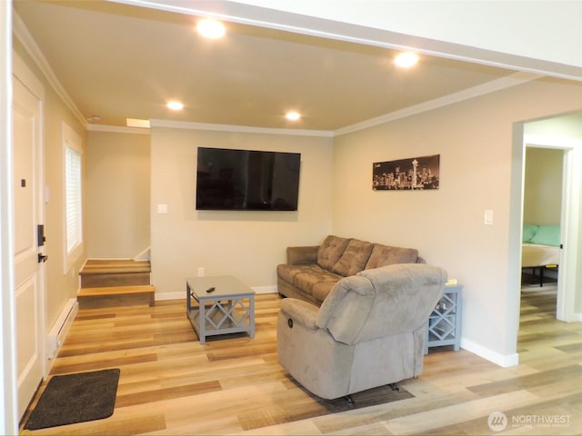 14806 131st Ave SE, Renton, WA 98058 - living area with ornamental molding, light wood-style floors, recessed lighting, and a baseboard heating unit