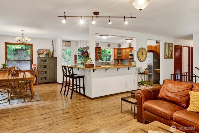 2815 Willis St, Bellingham, WA 98225 - living room featuring a chandelier, light wood-type flooring, and rail lighting