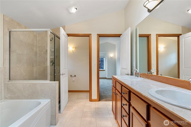 10736 Whitman Ave N, Seattle, WA 98133 - bathroom with a stall shower, a bath, double vanity, tile patterned flooring, and lofted ceiling