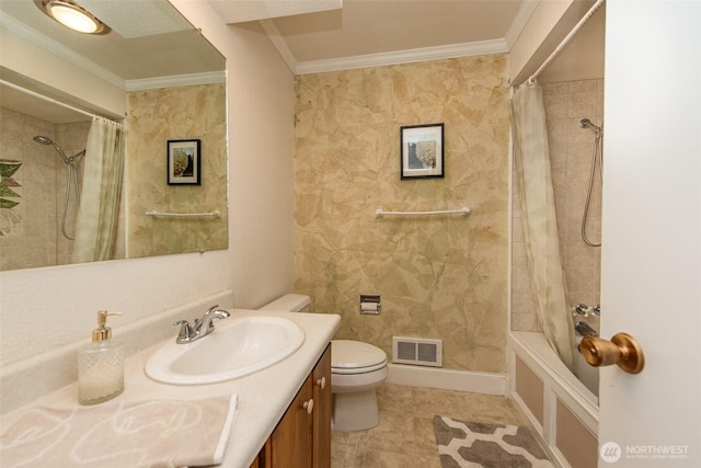 2130 W 4th, Port Angeles, WA 98363 - bathroom featuring vanity, shower / bath combo, and ornamental molding