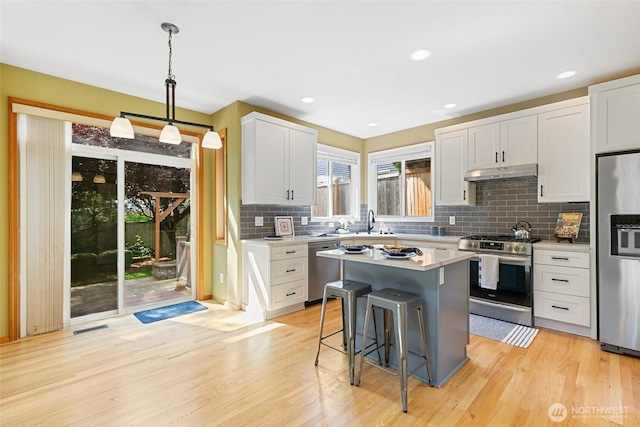 18328 10th Dr SE, Bothell, WA 98012 - kitchen featuring stainless steel appliances, under cabinet range hood, a breakfast bar, light countertops, and decorative backsplash