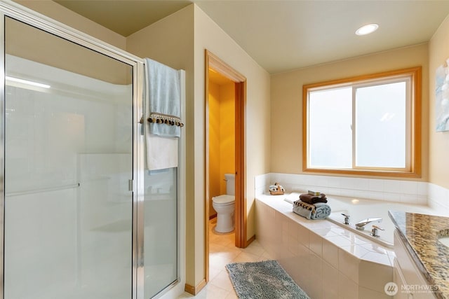 18328 10th Dr SE, Bothell, WA 98012 - bathroom featuring a stall shower, tile patterned floors, a garden tub, vanity, and recessed lighting