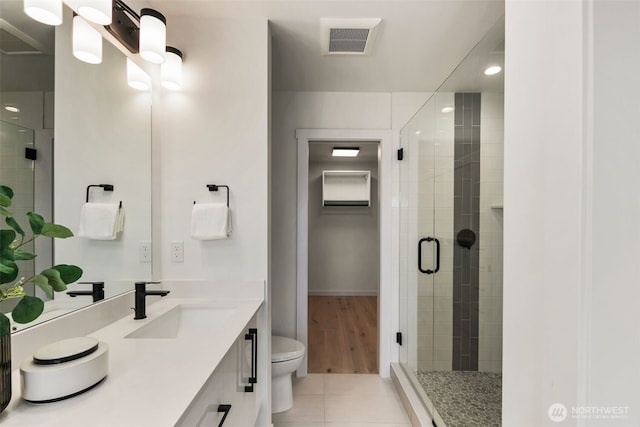 5606 23rd Ave SW, Seattle, WA 98106 - full bathroom with vanity, a shower stall, tile patterned floors, and recessed lighting